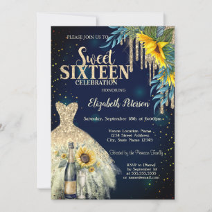 Invitation Parties scintillant, Robe, Fleurs de soleil Bleu D