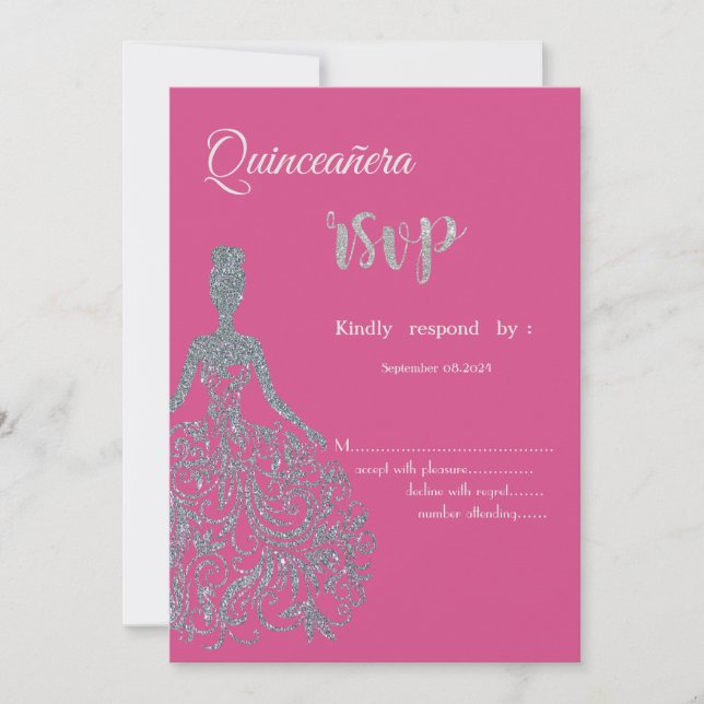 Invitation Parties scintillant Robe Fuschia Quinceanera RSVP  (Devant)