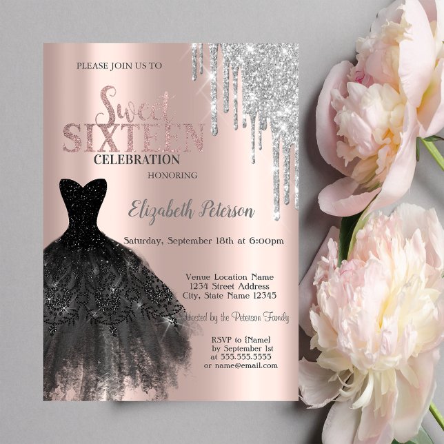 Invitation Parties scintillant, Robe noire Rose Or Sweet 16 (Créateur téléchargé)