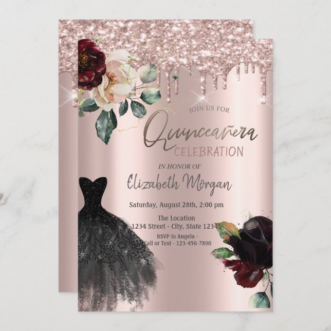 Invitation Parties scintillant, Robe, Rose Quinceañera (Devant / Derrière)