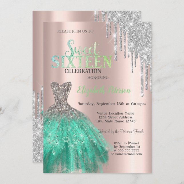 Invitation Parties scintillant, Robe Verte Rose Or Sweet 16 (Devant / Derrière)