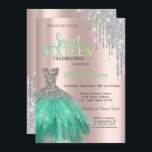 Invitation Parties scintillant, Robe Verte Rose Or Sweet 16<br><div class="desc">Elégante robe en argent et parties scintillant en argent goutte sur un arrière - plan rose en or.</div>