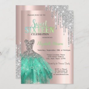 Invitation Parties scintillant, Robe Verte Rose Or Sweet 16