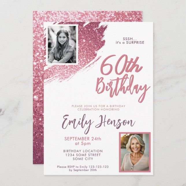 Invitation Parties scintillant rose 2 Photo Surprise 60e anni (Devant / Derrière)