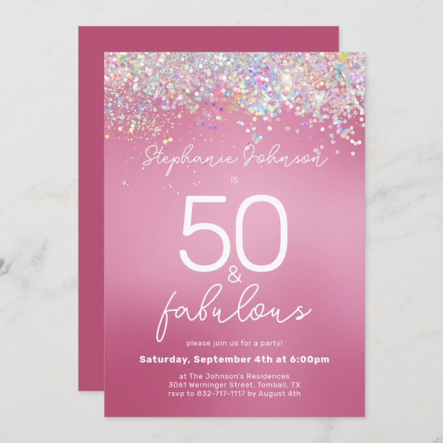 Invitation Parties scintillant rose 50 et Fabulous 50th Birth (Devant / Derrière)