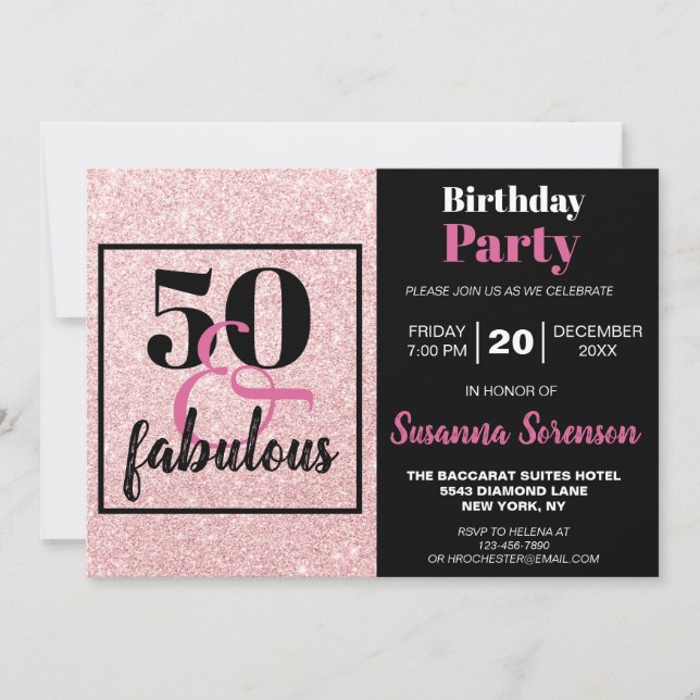 Invitation Parties scintillant rose 50 & Fabuleuse fête d'ann (Devant)