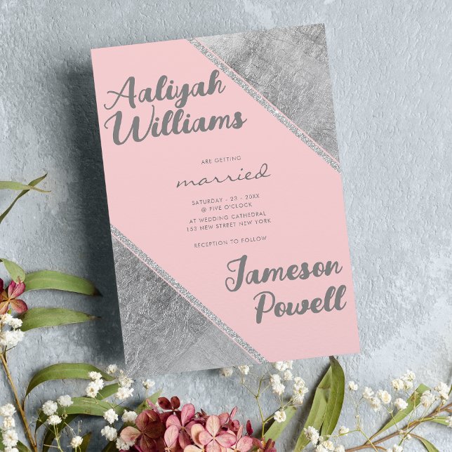 Invitation Parties scintillant rose argent script calligraphi (Pink silver glitter script calligraphy wedding)