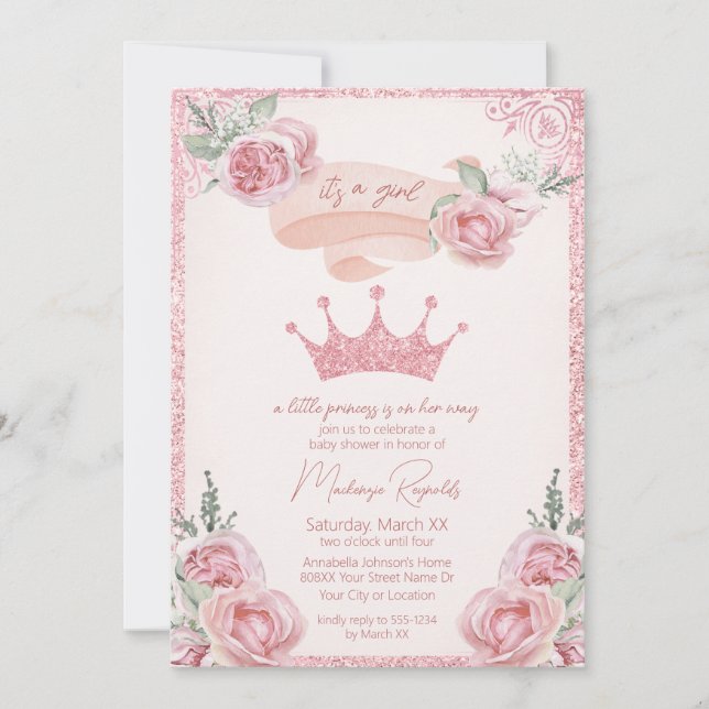 Invitation Parties scintillant rose Baby shower Tiara Princes (Devant)