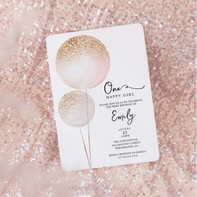 Invitation Parties scintillant rose Ballons Fille Première fê (Minimal First Birthday)