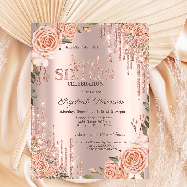 Invitation Parties scintillant Rose Blush  Rose Gold Sweet 16 (Créateur téléchargé)
