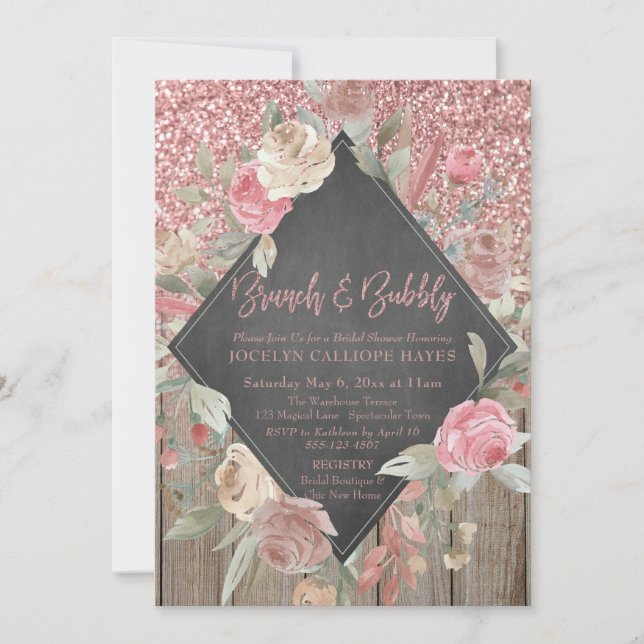 Invitation Parties scintillant rose Bois Floral Chalkboard Br (Devant)