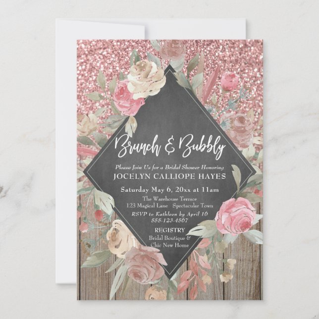 Invitation Parties scintillant rose Bois Floral Chalkboard Br (Devant)