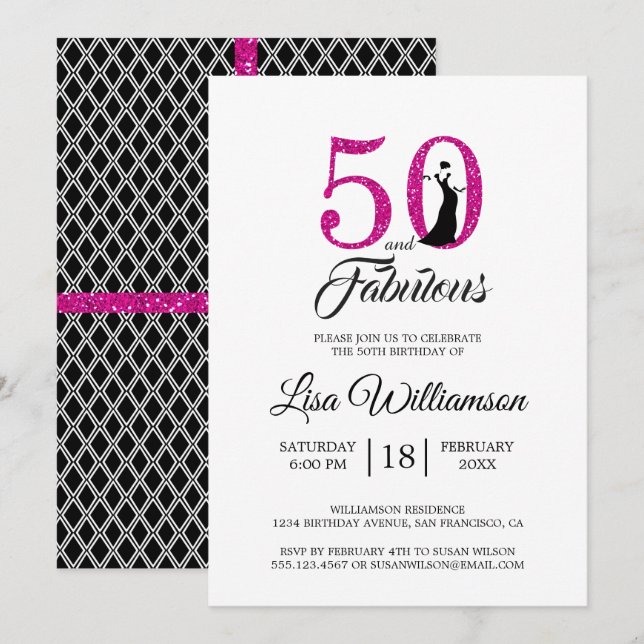 Invitation Parties scintillant rose chaud 50 Fabuleux | Fête  (Devant / Derrière)