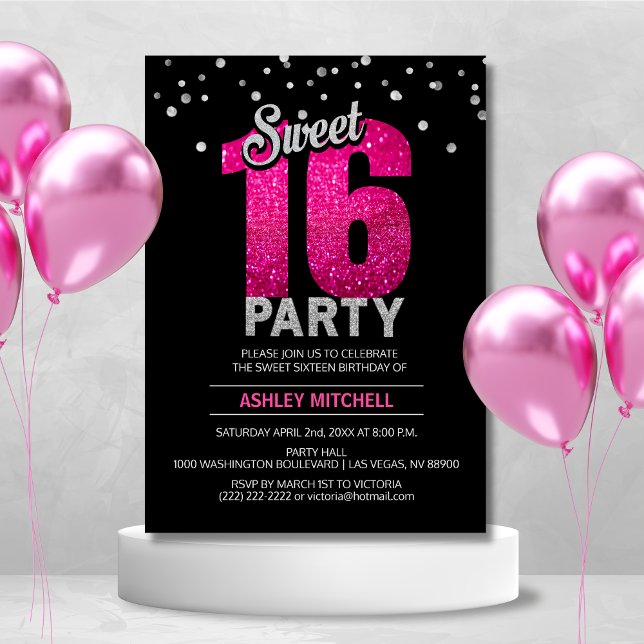 Invitation Parties scintillant rose chaud éclabousser SWEET S (Hot Pink Glitter Sparkles SWEET SIXTEEN 16 Party Invitation)