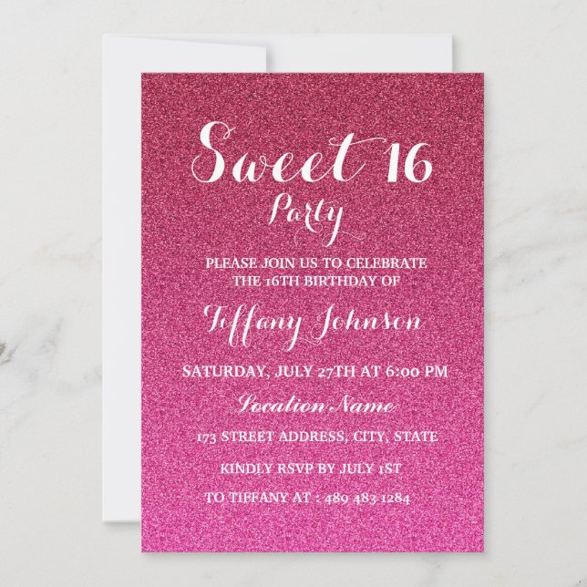 Invitation Parties scintillant rose chaud Faux Ombre Sweet 16 (Devant)