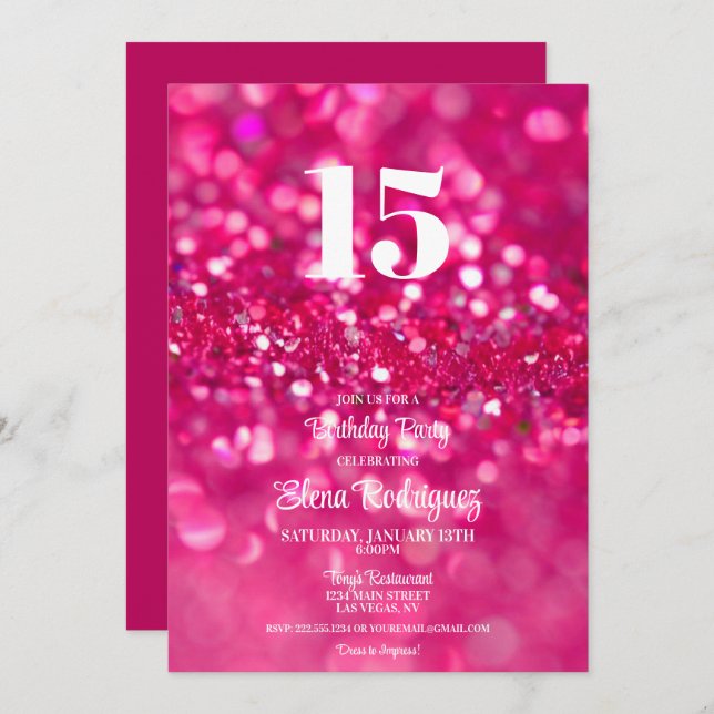 Invitation Parties scintillant rose chaud Glam 15e anniversai (Devant / Derrière)