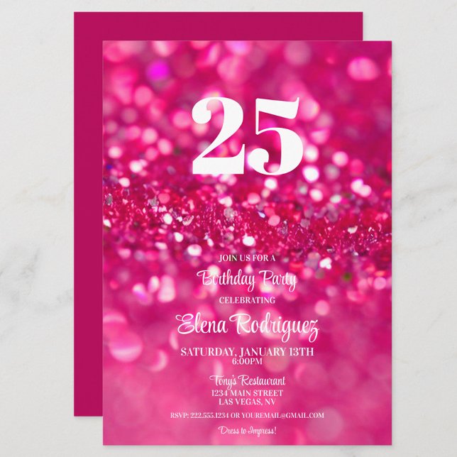 Invitation Parties scintillant rose chaud Glam 25e anniversai (Hot Pink Glitter 25th Birthday Invitation for Her)