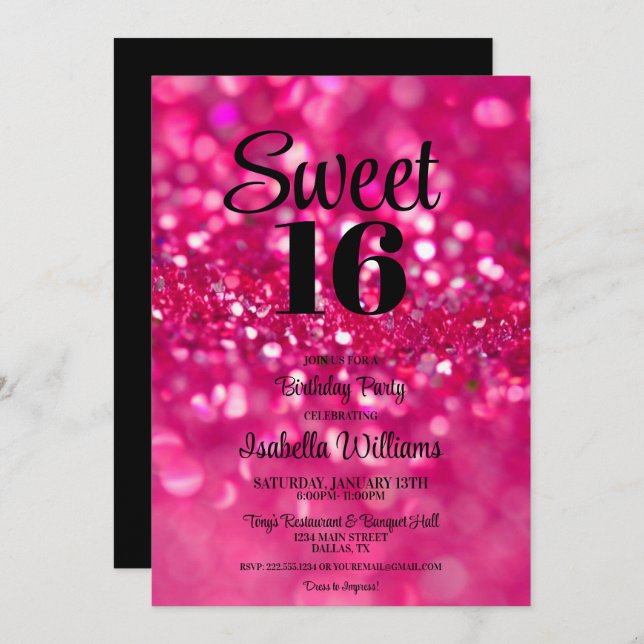 Invitation Parties scintillant rose chaud glam Sweet 16 Invit (Devant / Derrière)