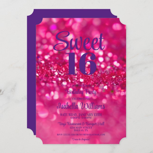 Invitation Parties scintillant rose chaud glam Sweet 16 Invit (Devant / Derrière)