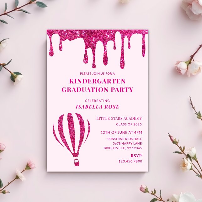 Invitation Parties scintillant rose chaud Jardin d'enfants (hot pink kindergarten graduation party invitations, graduation invitations, graduation day invites)