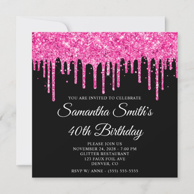 Invitation Parties scintillant rose chaud Lecteurs noir 40e a (Devant)
