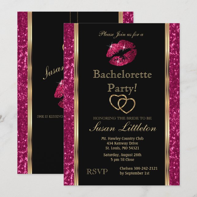 Invitation Parties scintillant rose chaud lèvres Bachelorette (Devant / Derrière)