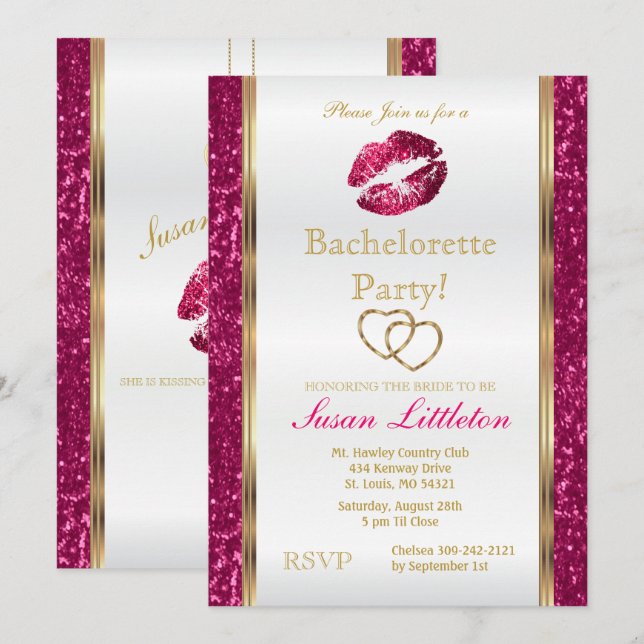 Invitation Parties scintillant rose chaud lèvres Bachelorette (Devant / Derrière)