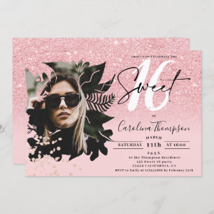 Invitation parties scintillant rose chic ombre photo florale 