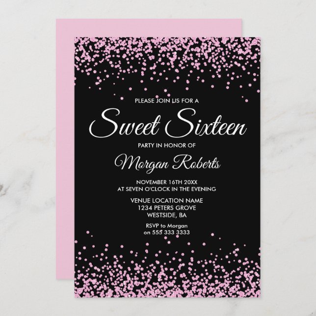 Invitation Parties scintillant rose Confetti Black Sweet 16 I (Devant / Derrière)