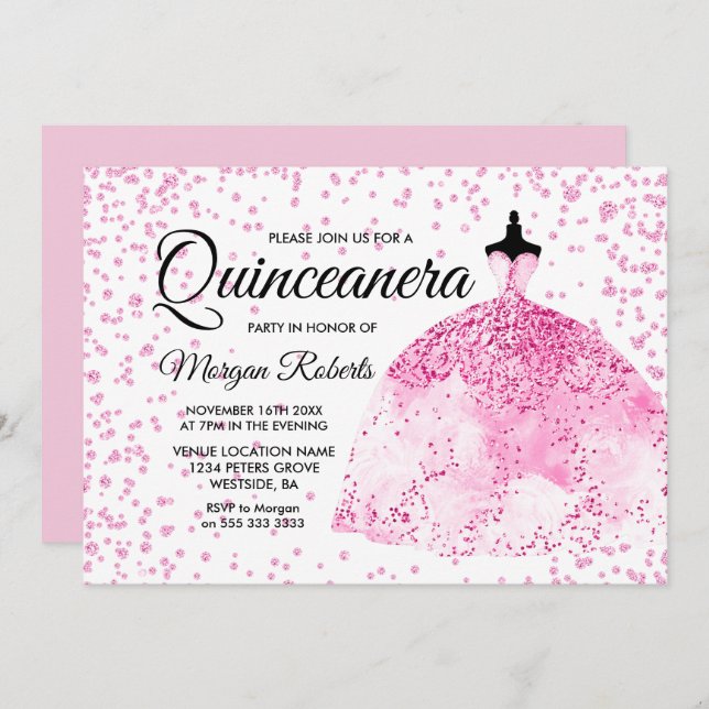 Invitation Parties scintillant rose Confetti robe Quinceanera (Devant / Derrière)