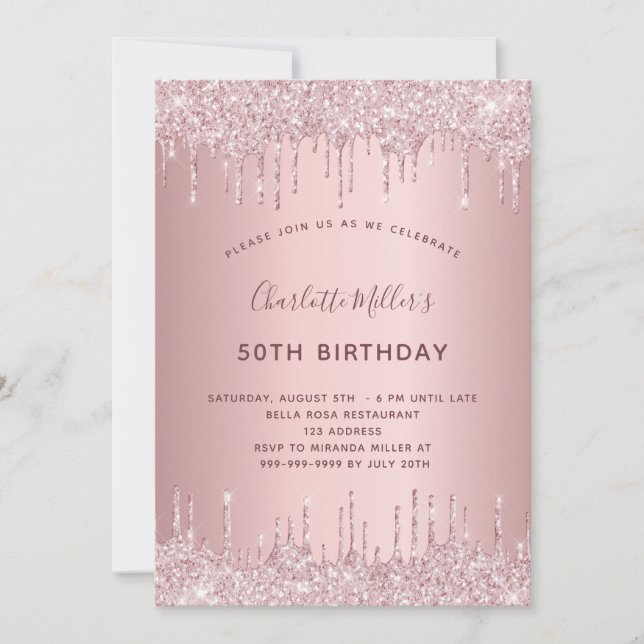 Invitation Parties scintillant rose d'anniversaire gouttes po (Devant)