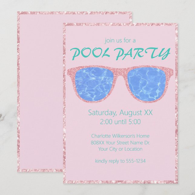 Invitation Parties scintillant rose de la piscine Lunettes de (Devant / Derrière)