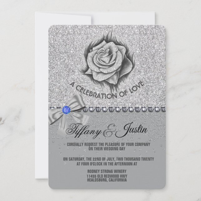 Invitation Parties scintillant, Rose, Diamants & Bow Wedding  (Devant)