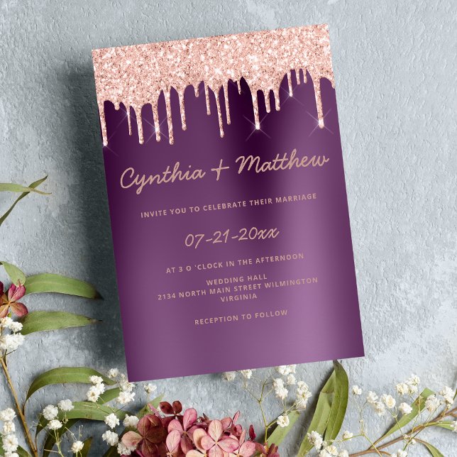 Invitation Parties scintillant rose d'or pourpre dégradé gout (Purple gradient rose gold glitter drips wedding )