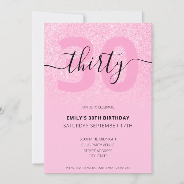 Invitation Parties scintillant rose élégant moderne 30e anniv (Devant)