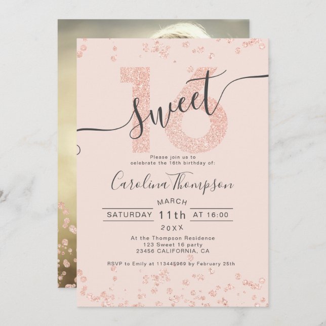Invitation parties scintillant rose en or confetti blush Swee (Devant / Derrière)