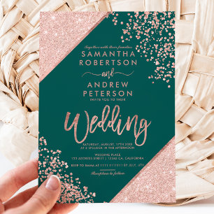 Invitation parties scintillant rose en or confetti vert émera