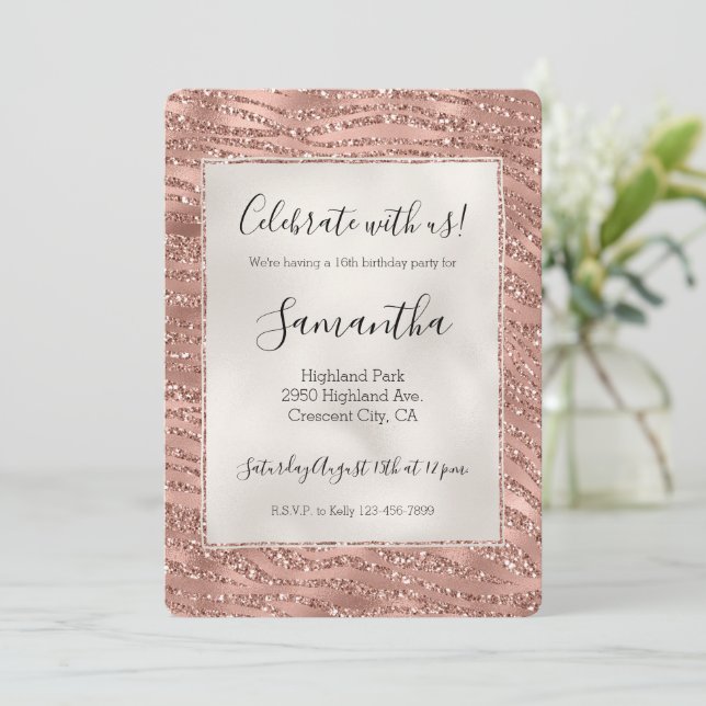 Invitation Parties scintillant rose en verre rose or Zebra Im (Debout devant)