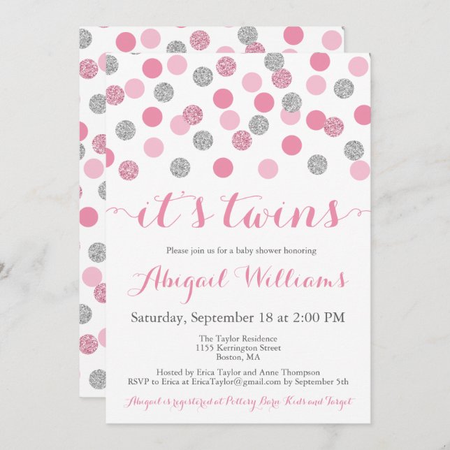 Invitation Parties scintillant rose et argent Jumeaux Baby sh (Devant / Derrière)