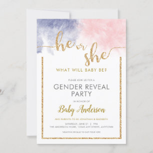 Invitation Parties scintillant rose et bleu marine Aquarelle