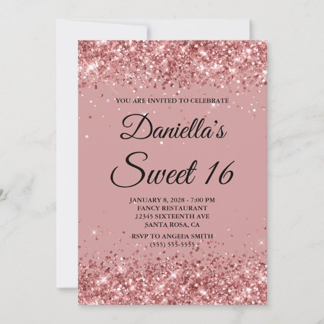Invitation Parties scintillant rose et Dusty rose Sweet 16 (Devant)