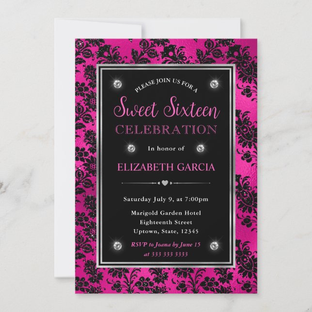 Invitation Parties scintillant rose et noire Floral Damask Sw (Devant)