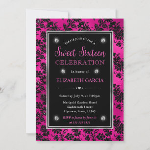 Invitation Parties scintillant rose et noire Floral Damask Sw