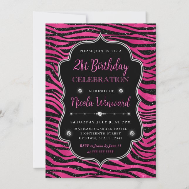 Invitation Parties scintillant rose et noire Tiger Stripes 21 (Devant)