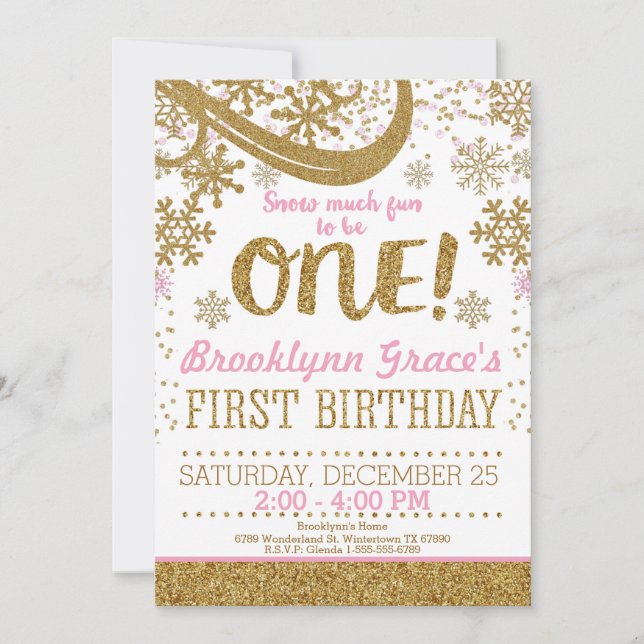 Invitation Parties scintillant rose et or 1er anniversaire Hi (Devant)