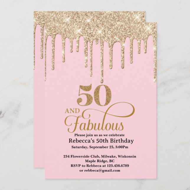 Invitation Parties scintillant rose et or 50e anniversaire In (Devant / Derrière)