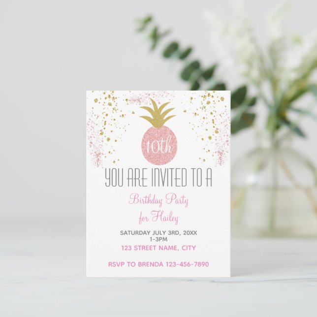 Invitation Parties scintillant rose et or Ananas (Debout devant)