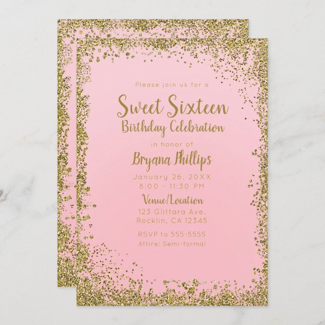Invitation Parties scintillant rose et or Blush Glam Sweet 16 (Devant / Derrière)