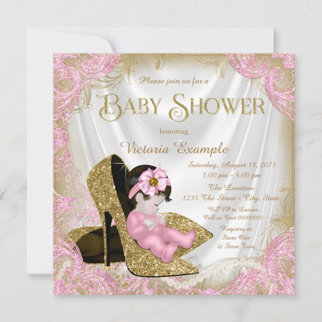 Invitation Parties scintillant rose et or Chaussure Baby show (Devant)