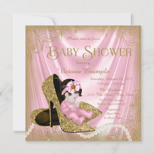 Invitation Parties scintillant rose et or Chaussure Baby show (Devant)